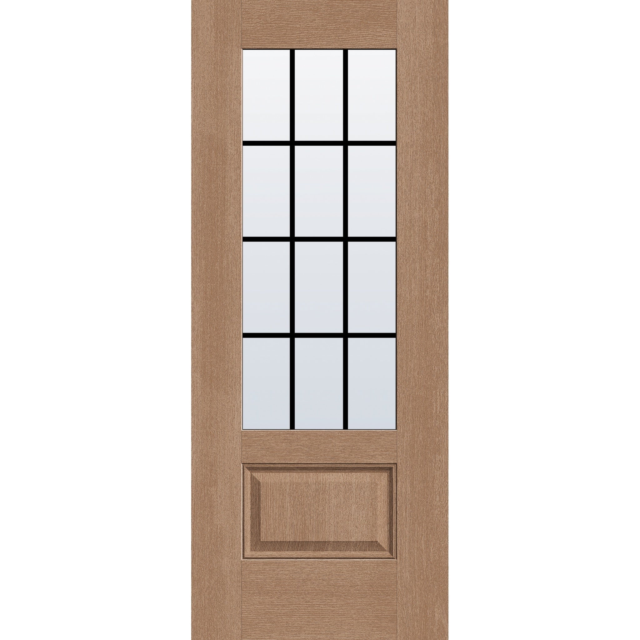 12 light grille flush glazed fiberglass entry door, 3/4 lite, 32" x 80", tan woodgrain finish, black grilles between glass