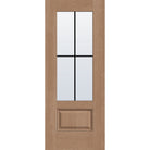 4 light grille flush glazed fiberglass entry door, 3/4 lite, 32" x 80", tan woodgrain finish, black grilles between glass