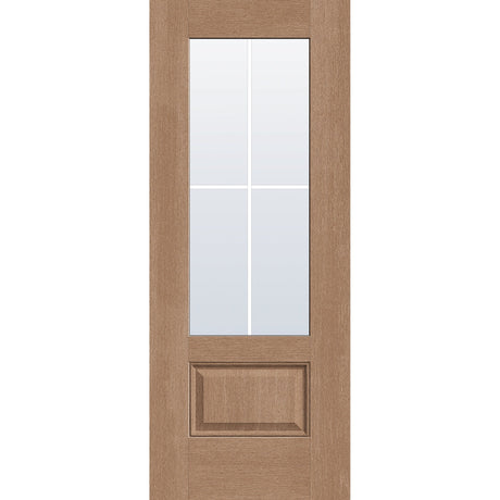 4 light grille flush glazed fiberglass entry door, 3/4 lite, 32" x 80", tan woodgrain finish, white grilles between glass
