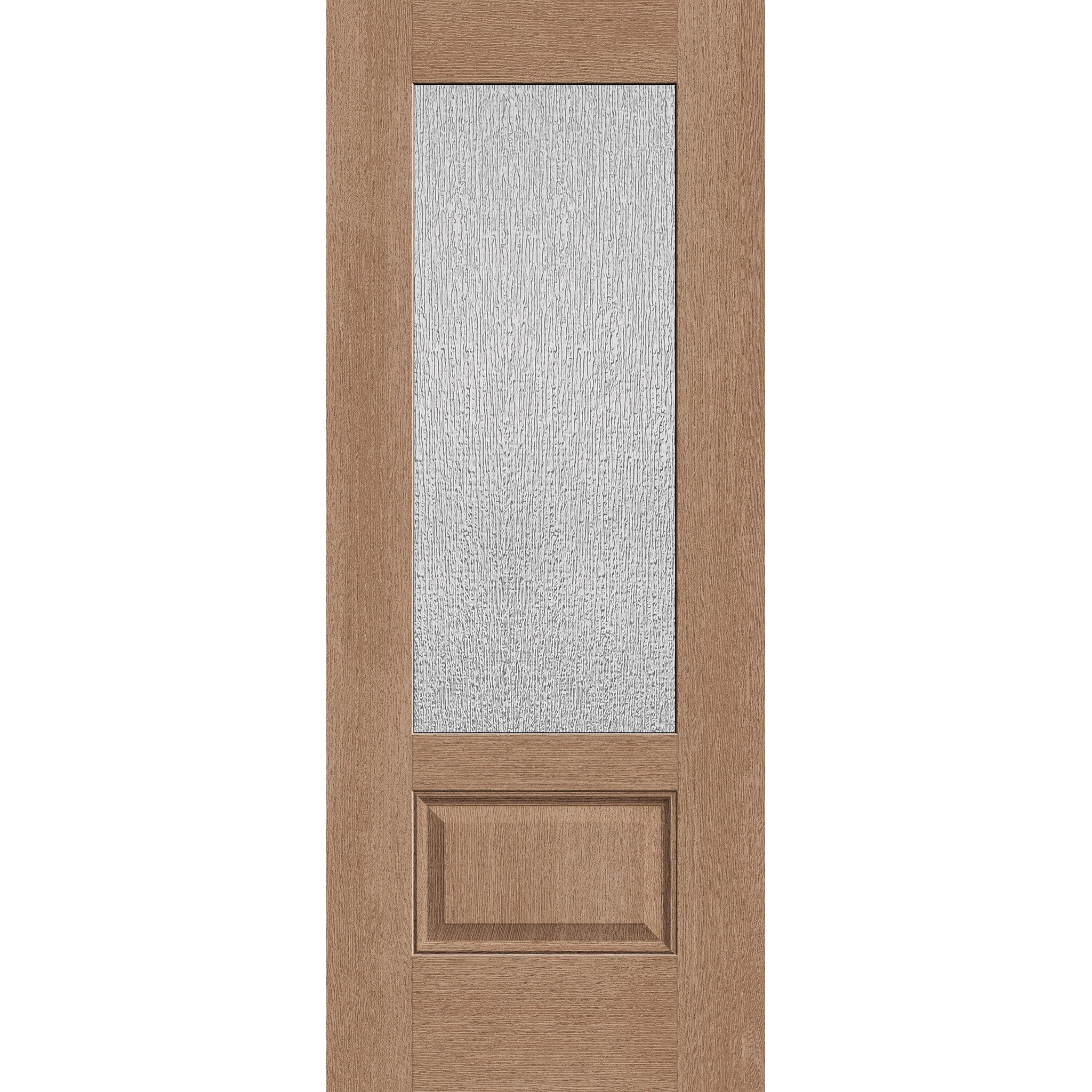 Rain flush glazed fiberglass entry door, 3/4 lite, 32" x 80", tan woodgrain finish