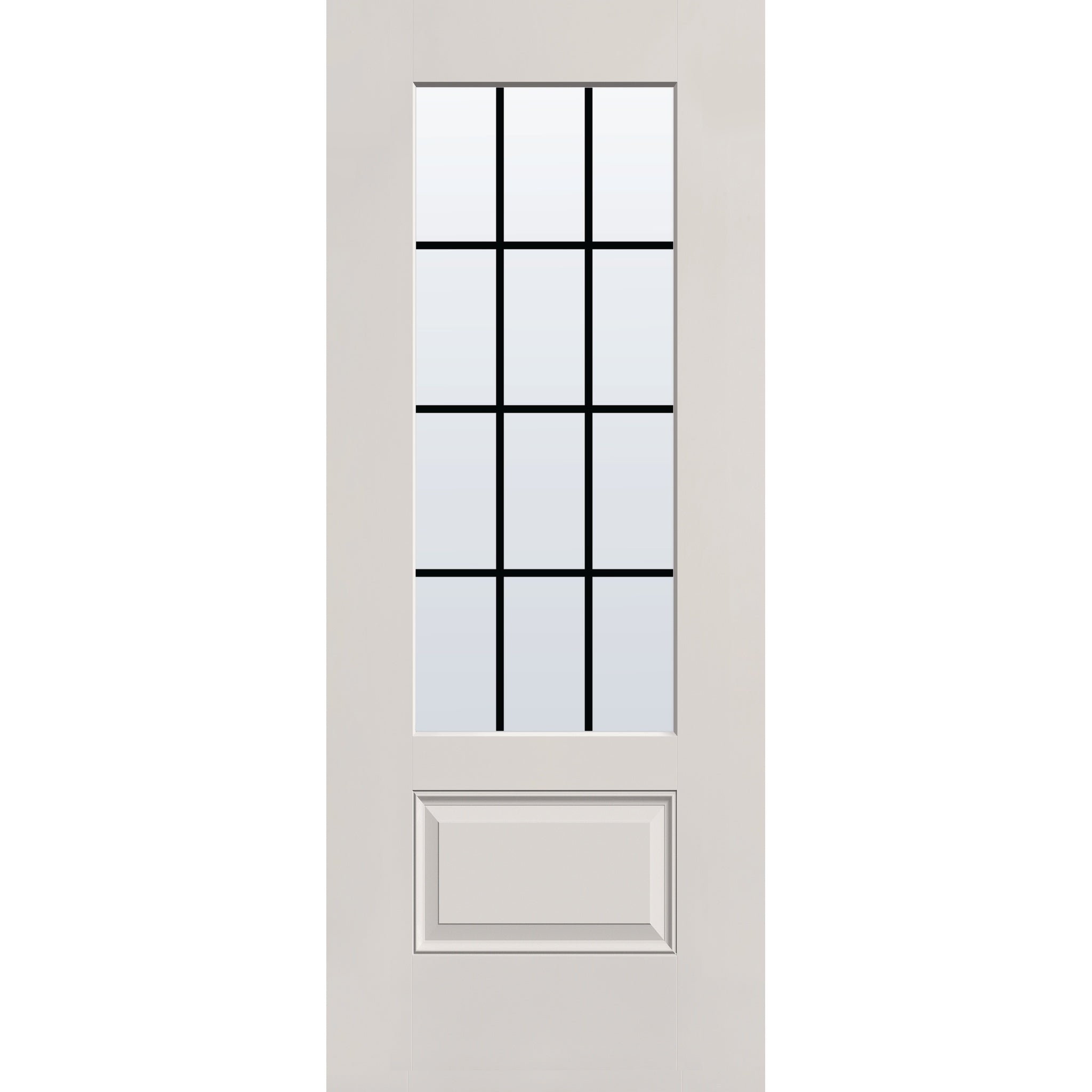 12 light grille flush glazed fiberglass entry door, 3/4 lite, 32" x 80", white satin smooth finish, white grilles between glass