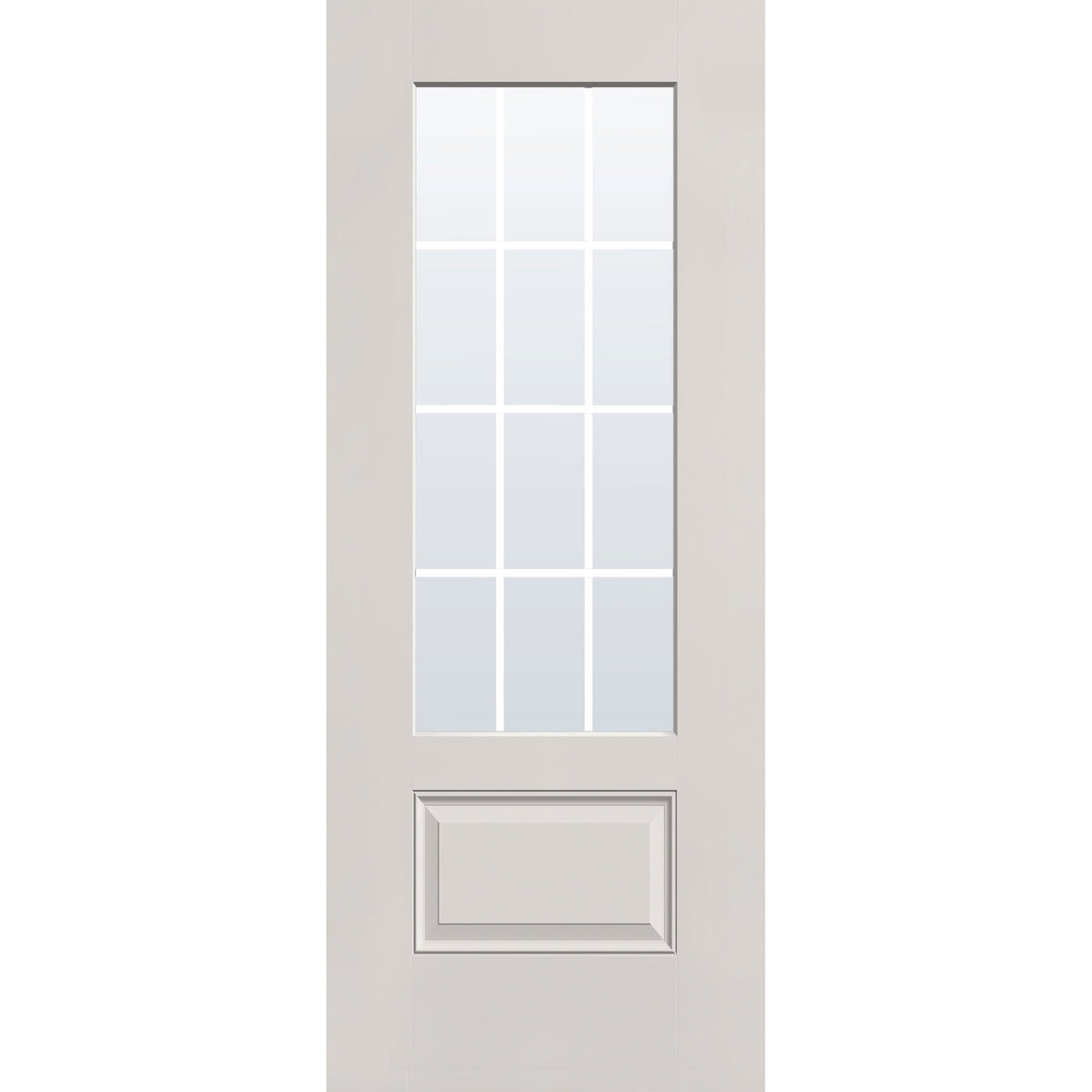 12 light grille flush glazed fiberglass entry door, 3/4 lite, 32" x 80", white satin smooth finish, white grilles between glass