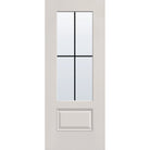 4 light grille flush glazed fiberglass entry door, 3/4 lite, 32" x 80", white satin smooth finish, black grilles between glass