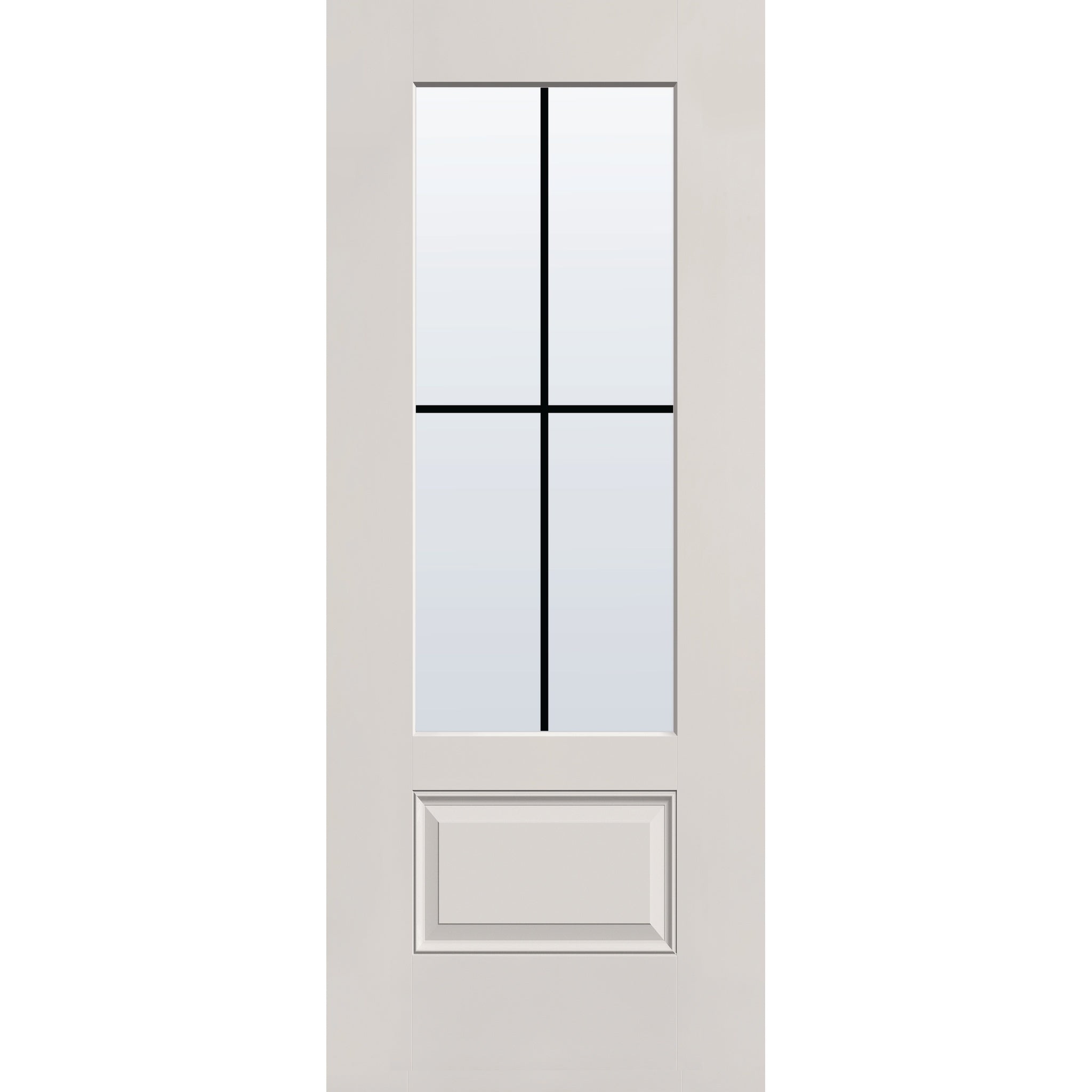 4 light grille flush glazed fiberglass entry door, 3/4 lite, 32" x 80", white satin smooth finish, black grilles between glass
