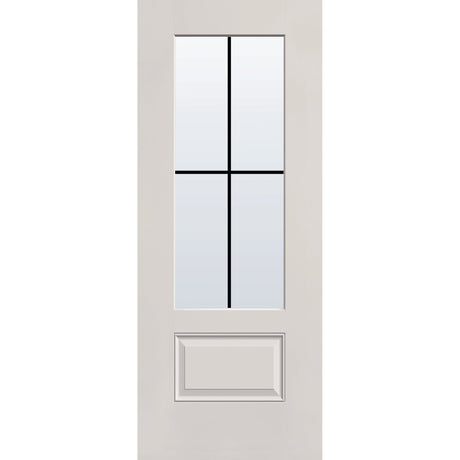 4 light grille flush glazed fiberglass entry door, 3/4 lite, 32" x 80", white satin smooth finish, black grilles between glass