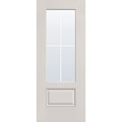 4 light grille flush glazed fiberglass entry door, 3/4 lite, 32" x 80", white satin smooth finish, white grilles between glass