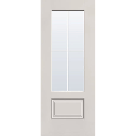 4 light grille flush glazed fiberglass entry door, 3/4 lite, 32" x 80", white satin smooth finish, white grilles between glass