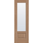 Clear flush glazed hurricane-rated fiberglass entry door, 3/4 lite, 32" x 96", tan woodgrain finish