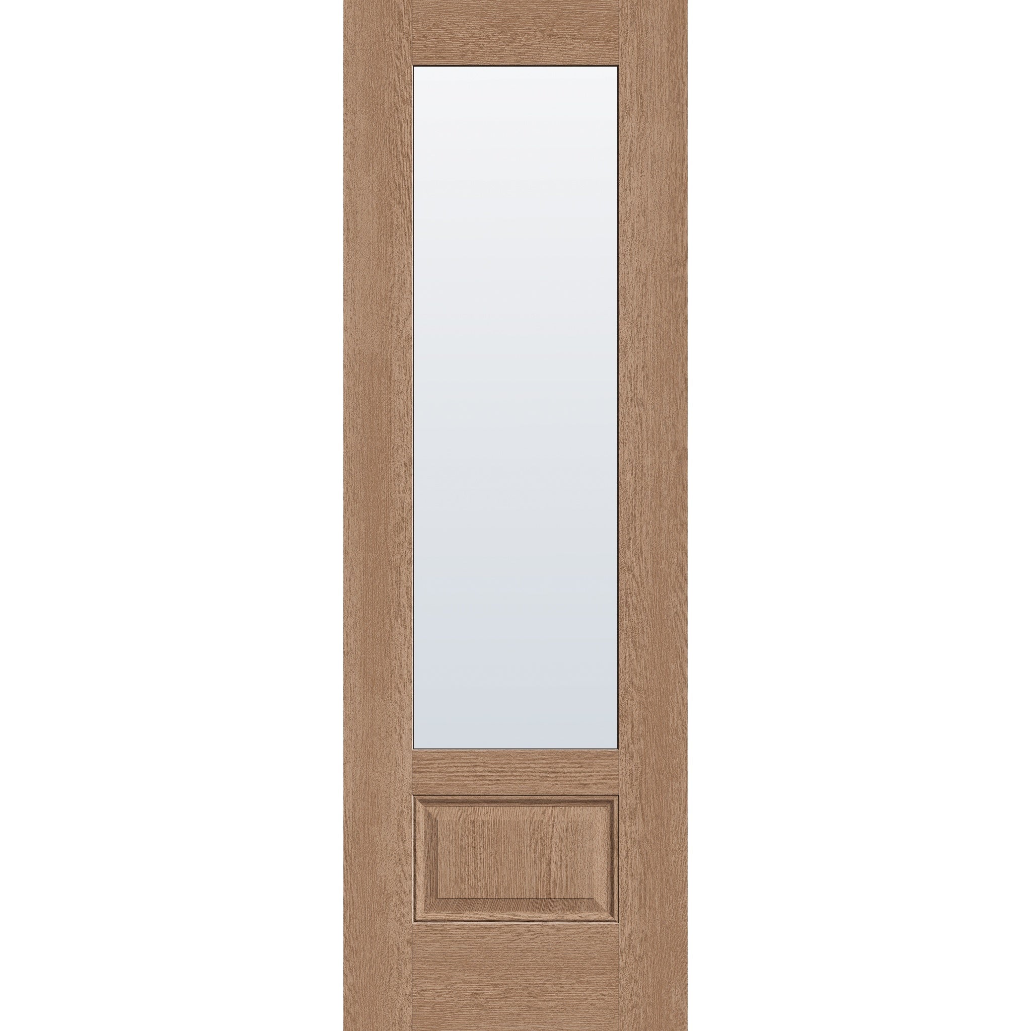 Clear flush glazed hurricane-rated fiberglass entry door, 3/4 lite, 32" x 96", tan woodgrain finish