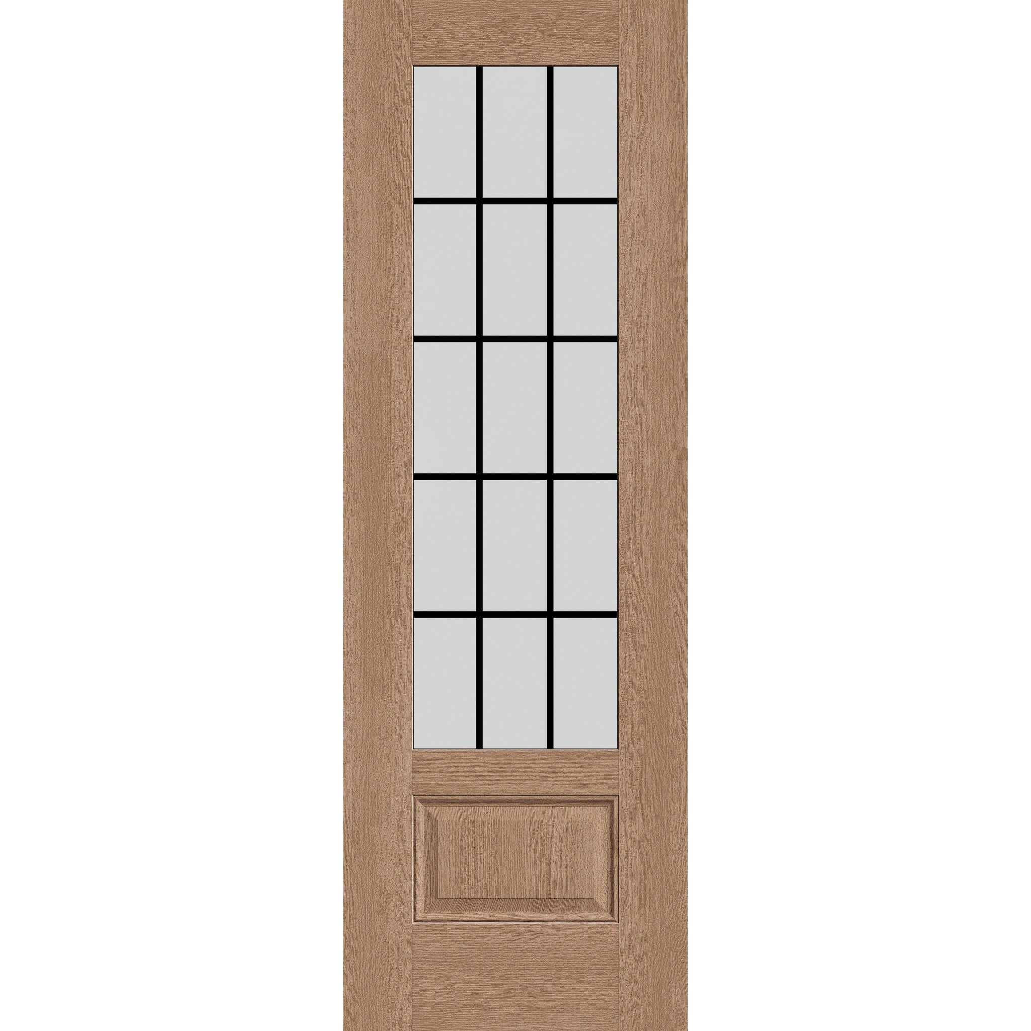 15 light grille flush glazed fiberglass entry door, 3/4 lite, 32" x 96", tan woodgrain finish, black grilles between glass