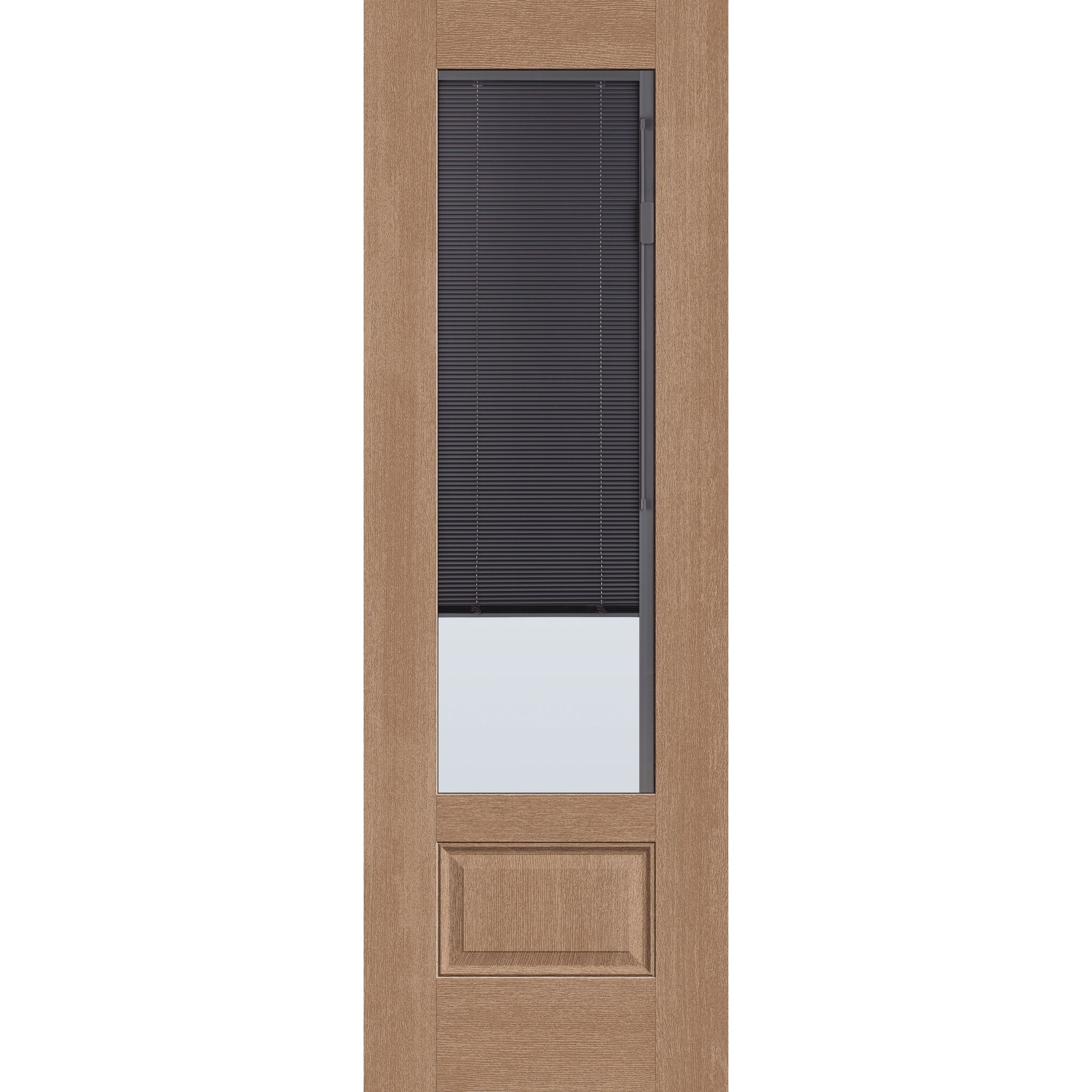 Raise & Lower Blinds flush glazed fiberglass entry door, 3/4 lite, 32" x 96", tan woodgrain finish, slate blinds