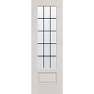 15 light grille flush glazed hurricane-rated fiberglass entry door, 3/4 lite, 32" x 96", white satin smooth finish, black grilles between glass