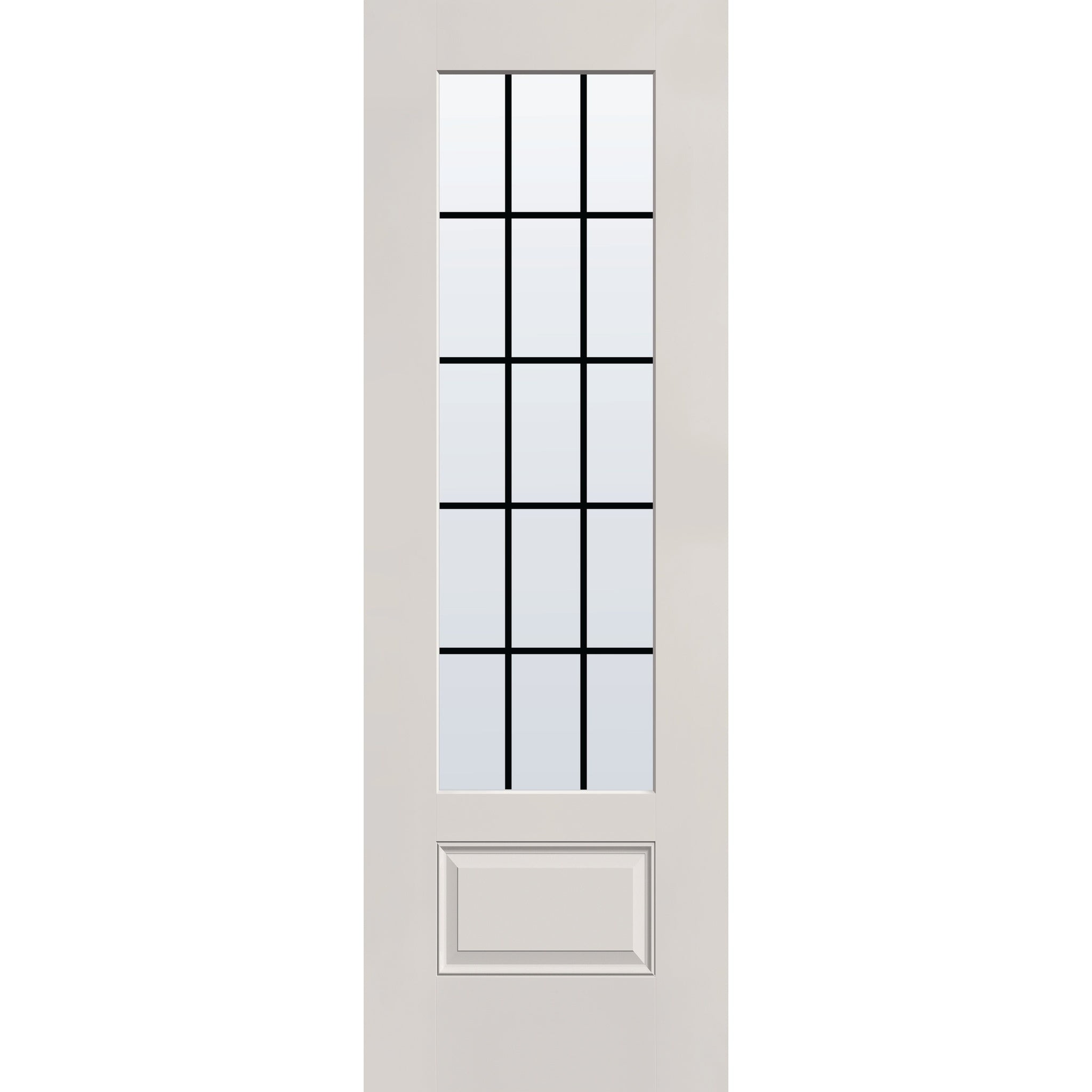 15 light grille flush glazed fiberglass entry door, 3/4 lite, 32" x 96", white satin smooth finish, black grilles between glass