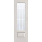 15 light grille flush glazed fiberglass entry door, 3/4 lite, 32" x 96", white satin smooth finish, white grilles between glass