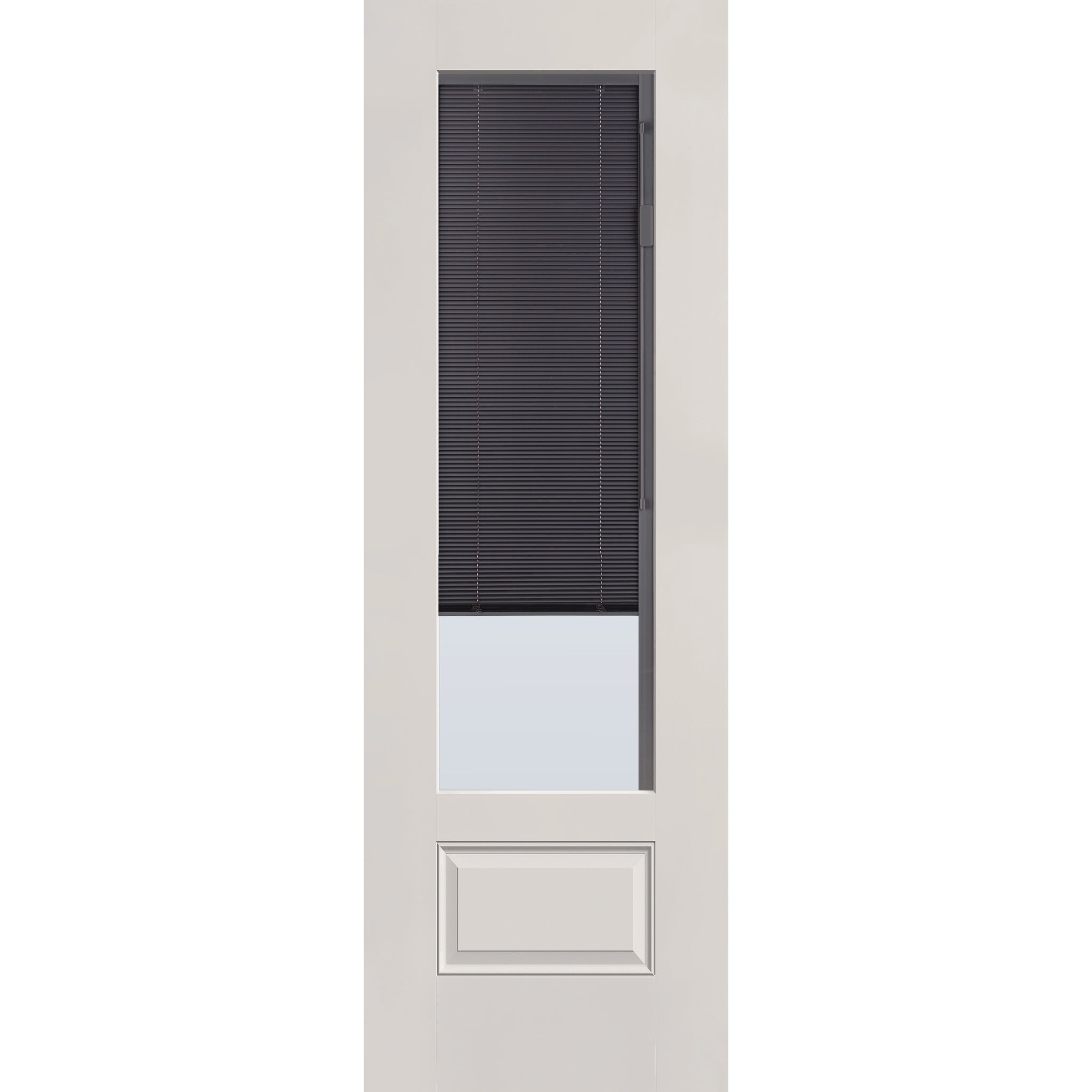 Raise & Lower Blinds flush glazed fiberglass entry door, 3/4 lite, 32" x 96", white satin smooth finish, slate blinds