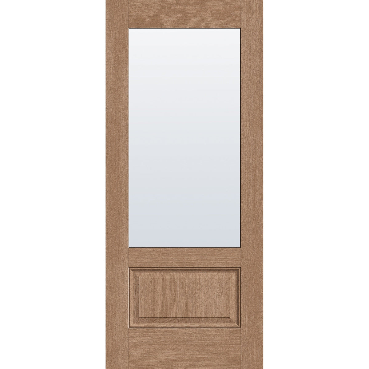 Clear flush glazed hurricane-rated fiberglass entry door, 3/4 lite, 34" x 80", tan woodgrain finish