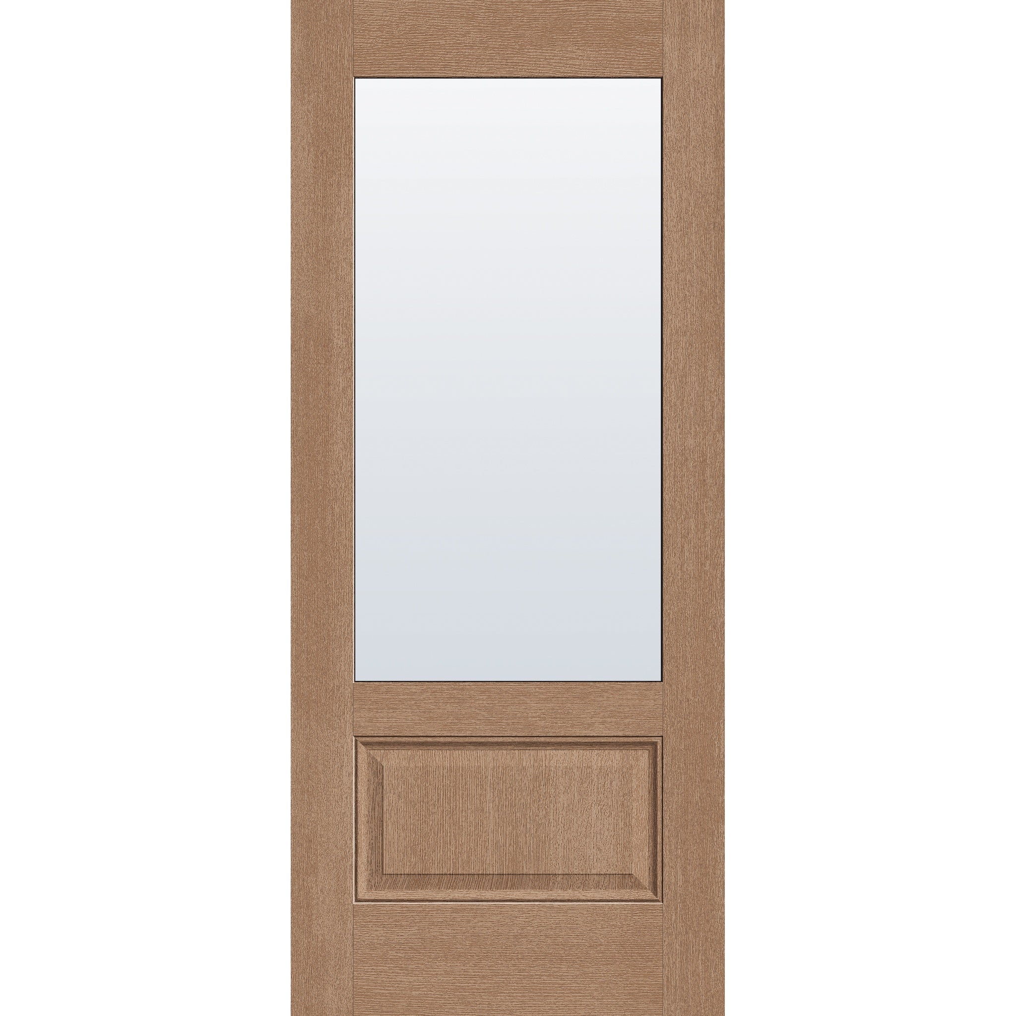 Clear flush glazed hurricane-rated fiberglass entry door, 3/4 lite, 34" x 80", tan woodgrain finish
