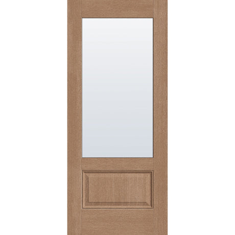 Clear flush glazed hurricane-rated fiberglass entry door, 3/4 lite, 34" x 80", tan woodgrain finish