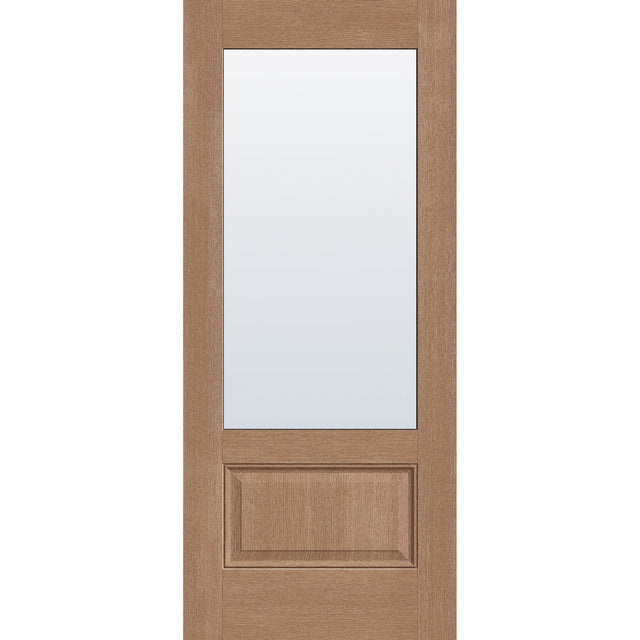 Clear flush glazed hurricane-rated fiberglass entry door, 3/4 lite, 34" x 80", tan woodgrain finish
