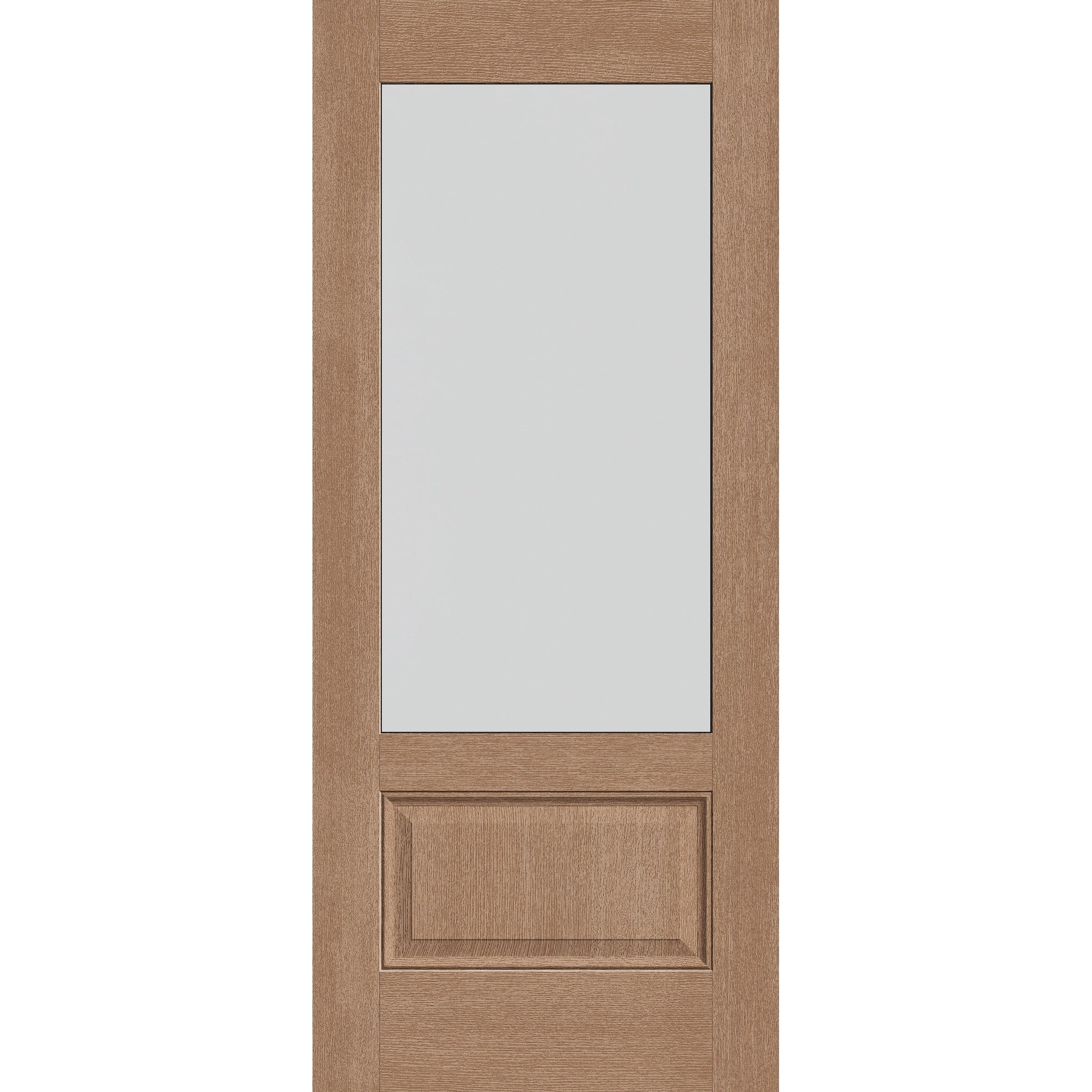 Frost flush glazed fiberglass entry door, 3/4 lite, 34" x 80", tan woodgrain finish