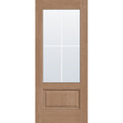 4 light grille flush glazed fiberglass entry door, 3/4 lite, 34" x 80", tan woodgrain finish, white grilles between glass