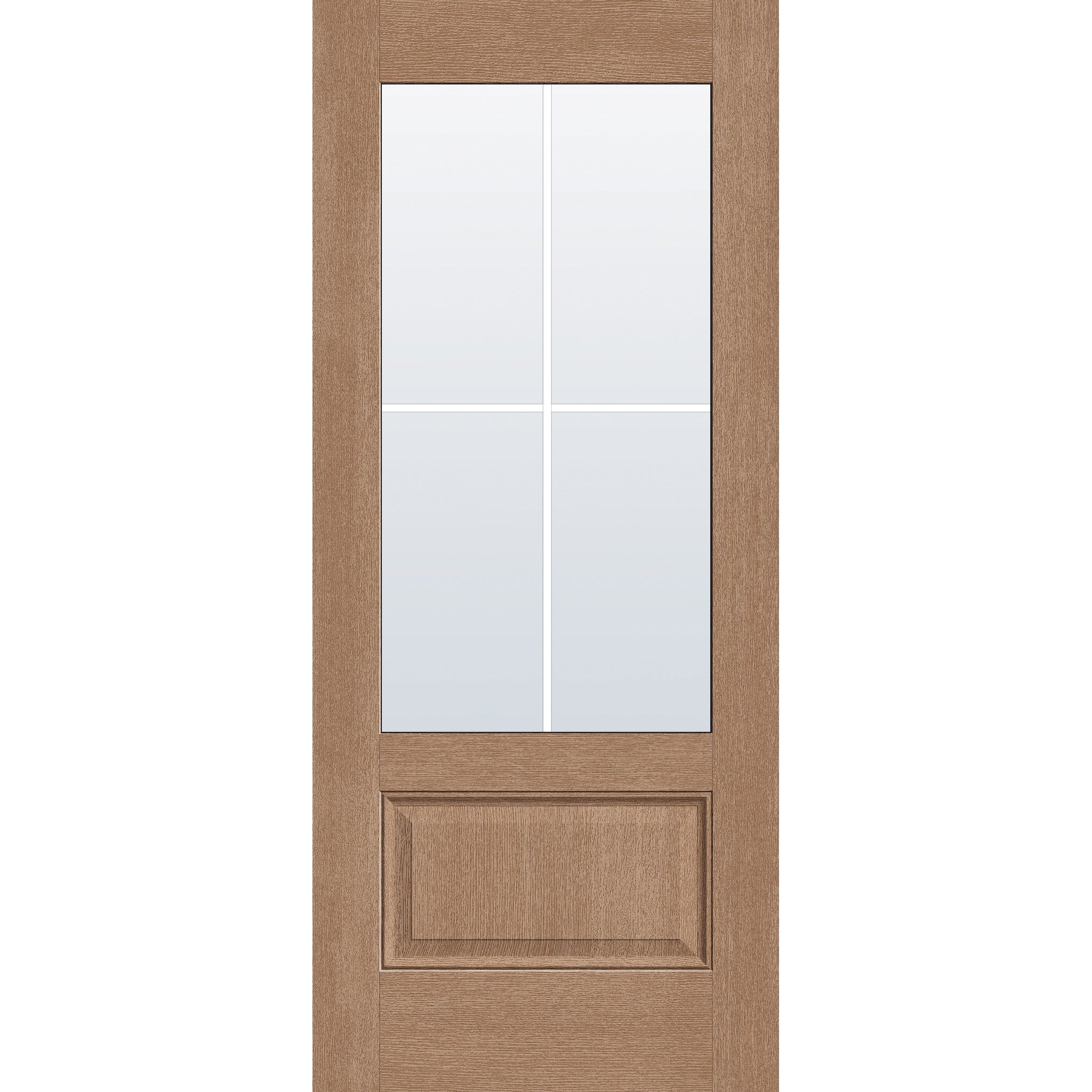 4 light grille flush glazed fiberglass entry door, 3/4 lite, 34" x 80", tan woodgrain finish, white grilles between glass