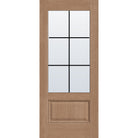 6 light grille flush glazed fiberglass entry door, 3/4 lite, 34" x 80", tan woodgrain finish, black grilles between glass