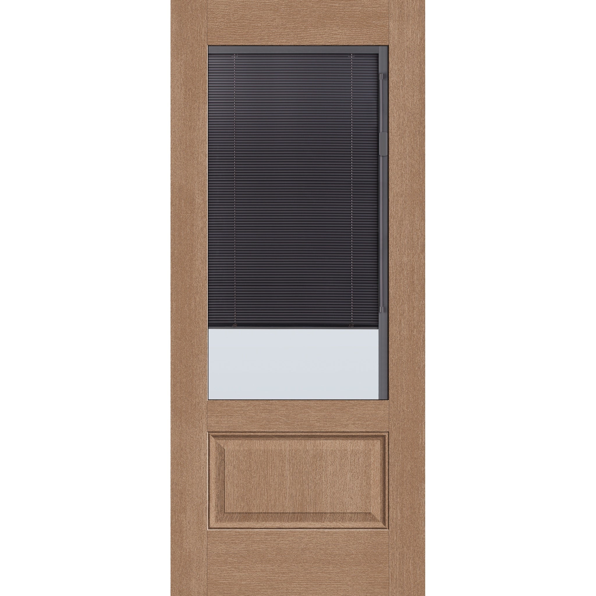 Raise & Lower Blinds flush glazed fiberglass entry door, 3/4 lite, 34" x 80", tan woodgrain finish, slate blinds