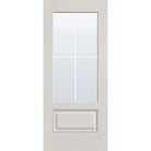 4 light grille flush glazed hurricane-rated fiberglass entry door, 3/4 lite, 34" x 80", white satin smooth finish, white grilles between glass