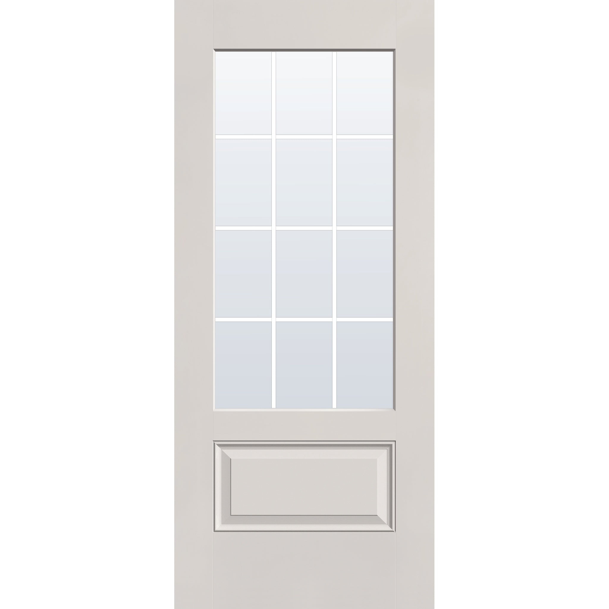12 light grille flush glazed fiberglass entry door, 3/4 lite, 34" x 80", white satin smooth finish, white grilles between glass