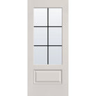 6 light grille flush glazed fiberglass entry door, 3/4 lite, 34" x 80", white satin smooth finish, black grilles between glass