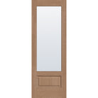 Clear flush glazed hurricane-rated fiberglass entry door, 3/4 lite, 34" x 96", tan woodgrain finish