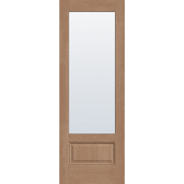 Clear flush glazed hurricane-rated fiberglass entry door, 3/4 lite, 34" x 96", tan woodgrain finish