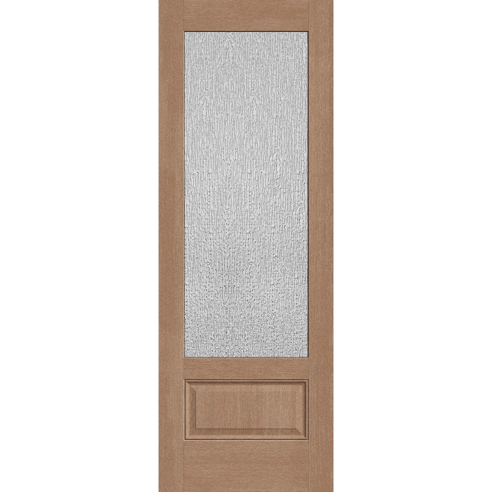 Rain flush glazed hurricane-rated fiberglass entry door, 3/4 lite, 34" x 96", tan woodgrain finish
