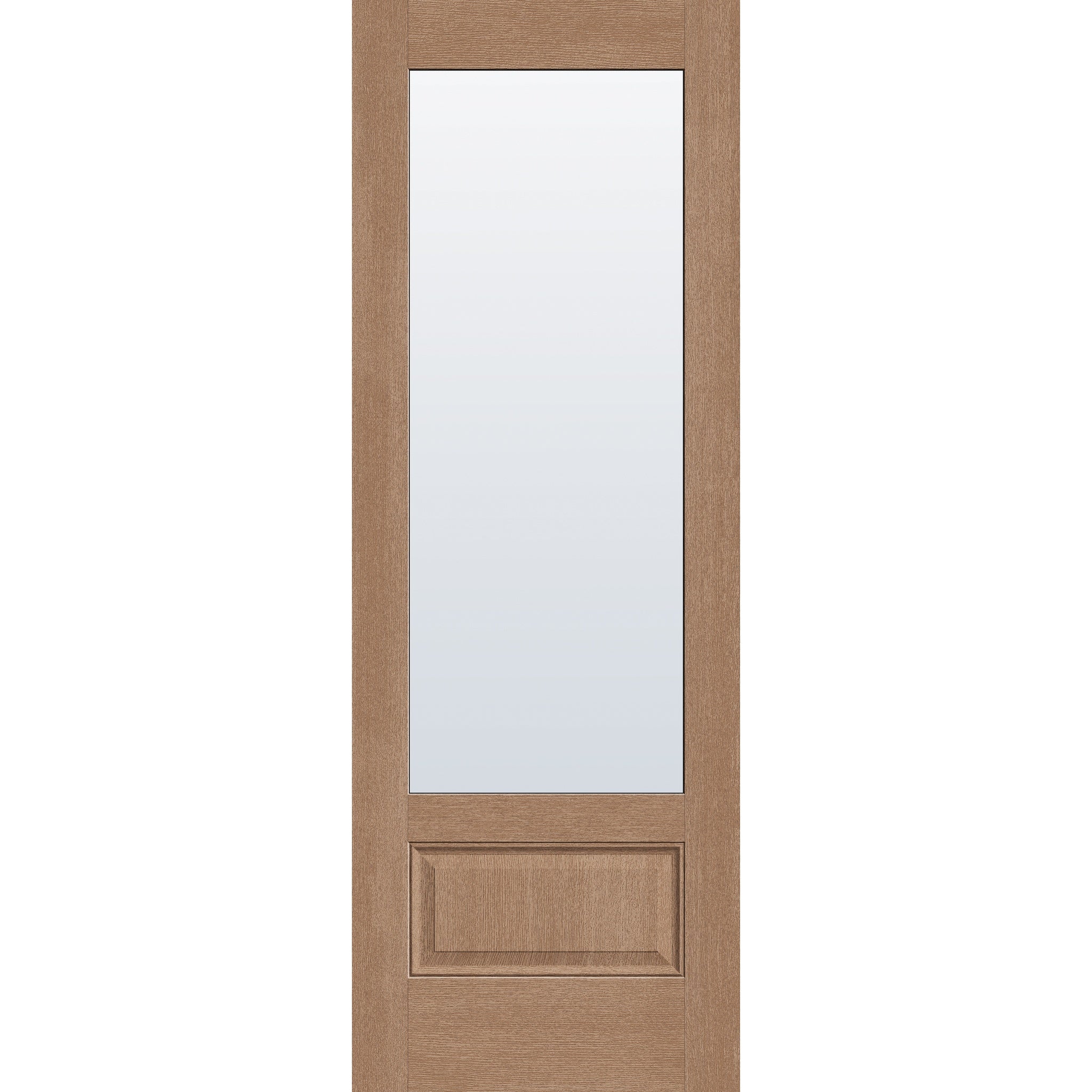 Clear flush glazed fiberglass entry door, 3/4 lite, 34" x 96", tan woodgrain finish