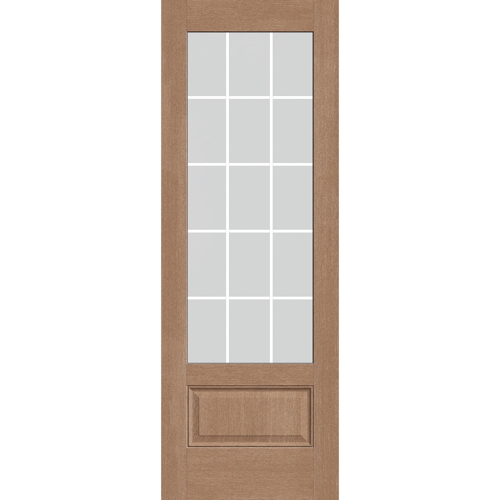 15 light grille flush glazed fiberglass entry door, 3/4 lite, 34" x 96", tan woodgrain finish, white grilles between glass