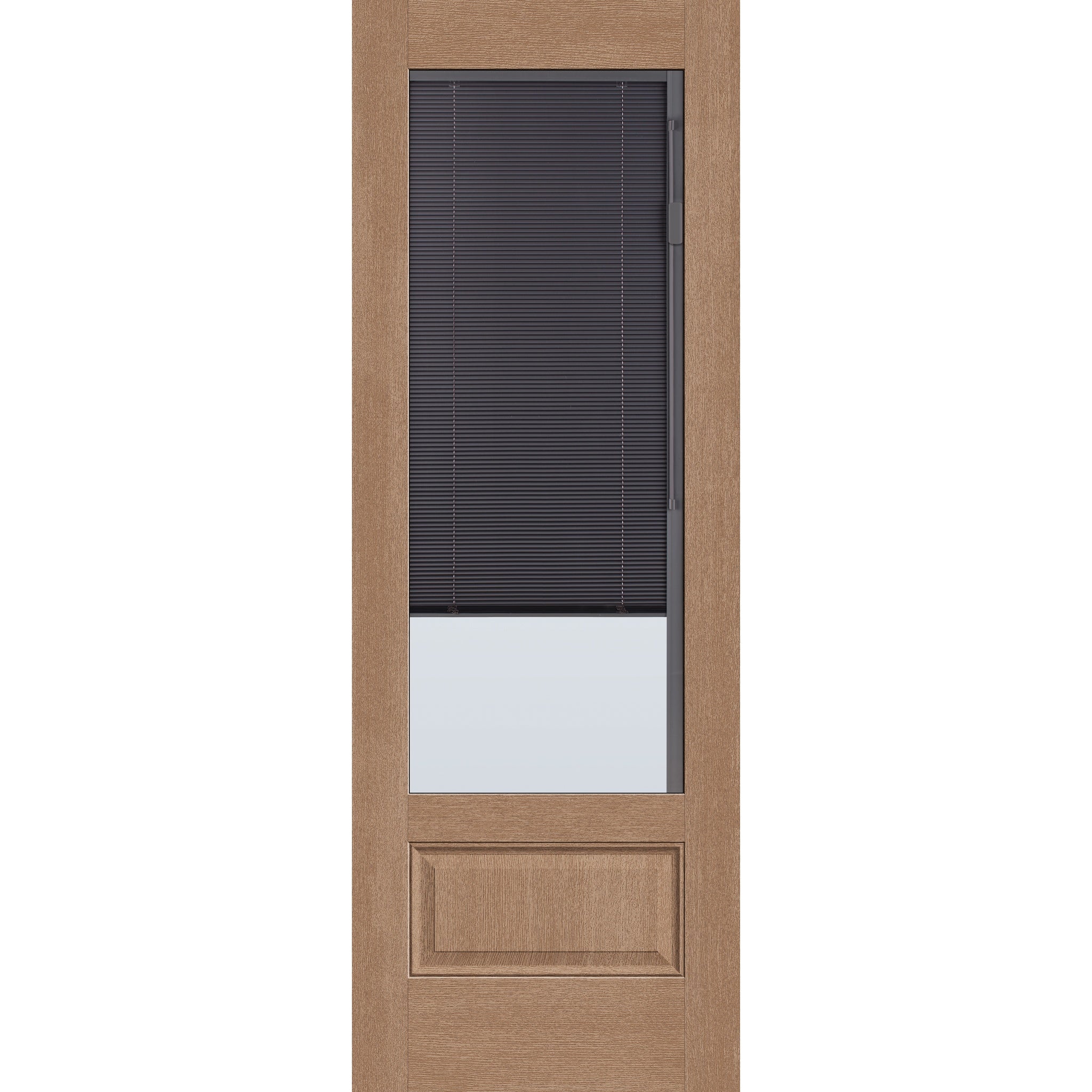 Raise & Lower Blinds flush glazed fiberglass entry door, 3/4 lite, 34" x 96", tan woodgrain finish, slate blinds