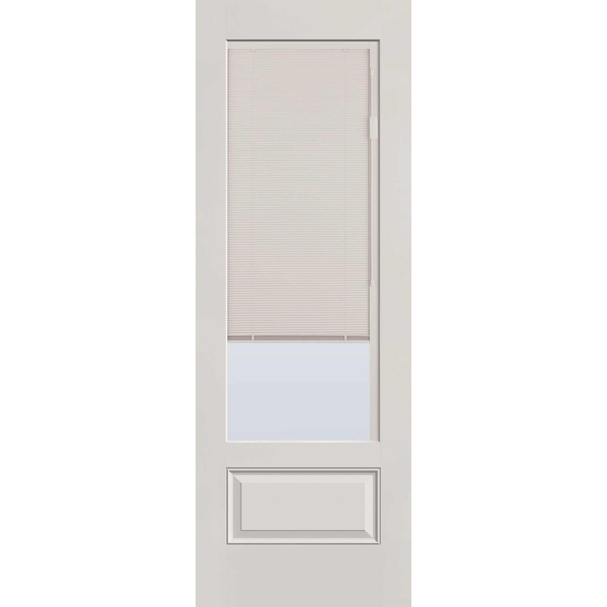 Raise & Lower Blinds flush glazed fiberglass entry door, 3/4 lite, 34" x 96", white satin smooth finish, white blinds