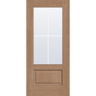4 light grille flush glazed hurricane-rated fiberglass entry door, 3/4 lite, 36" x 80", tan woodgrain finish, white grilles between glass