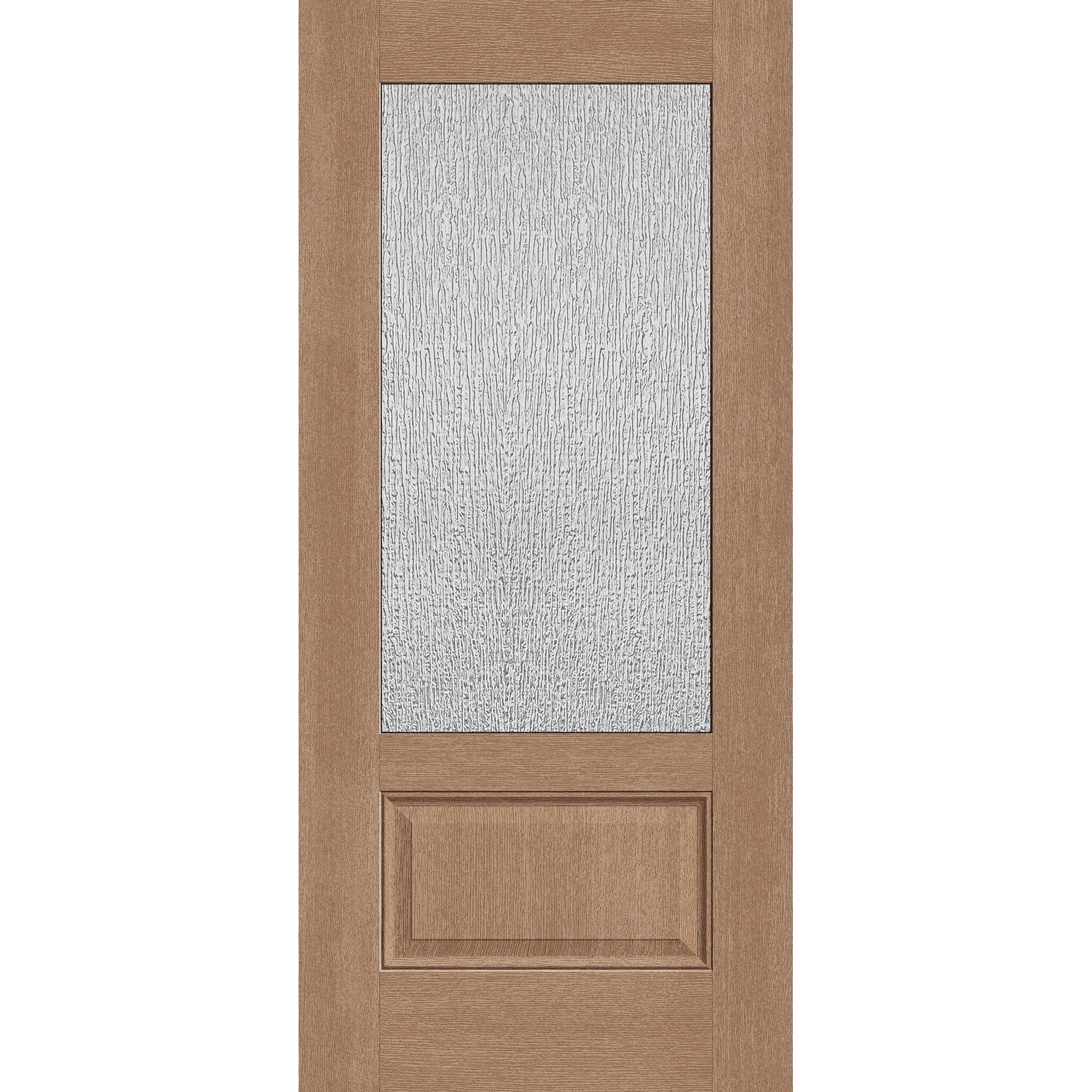 Rain flush glazed hurricane-rated fiberglass entry door, 3/4 lite, 36" x 80", tan woodgrain finish