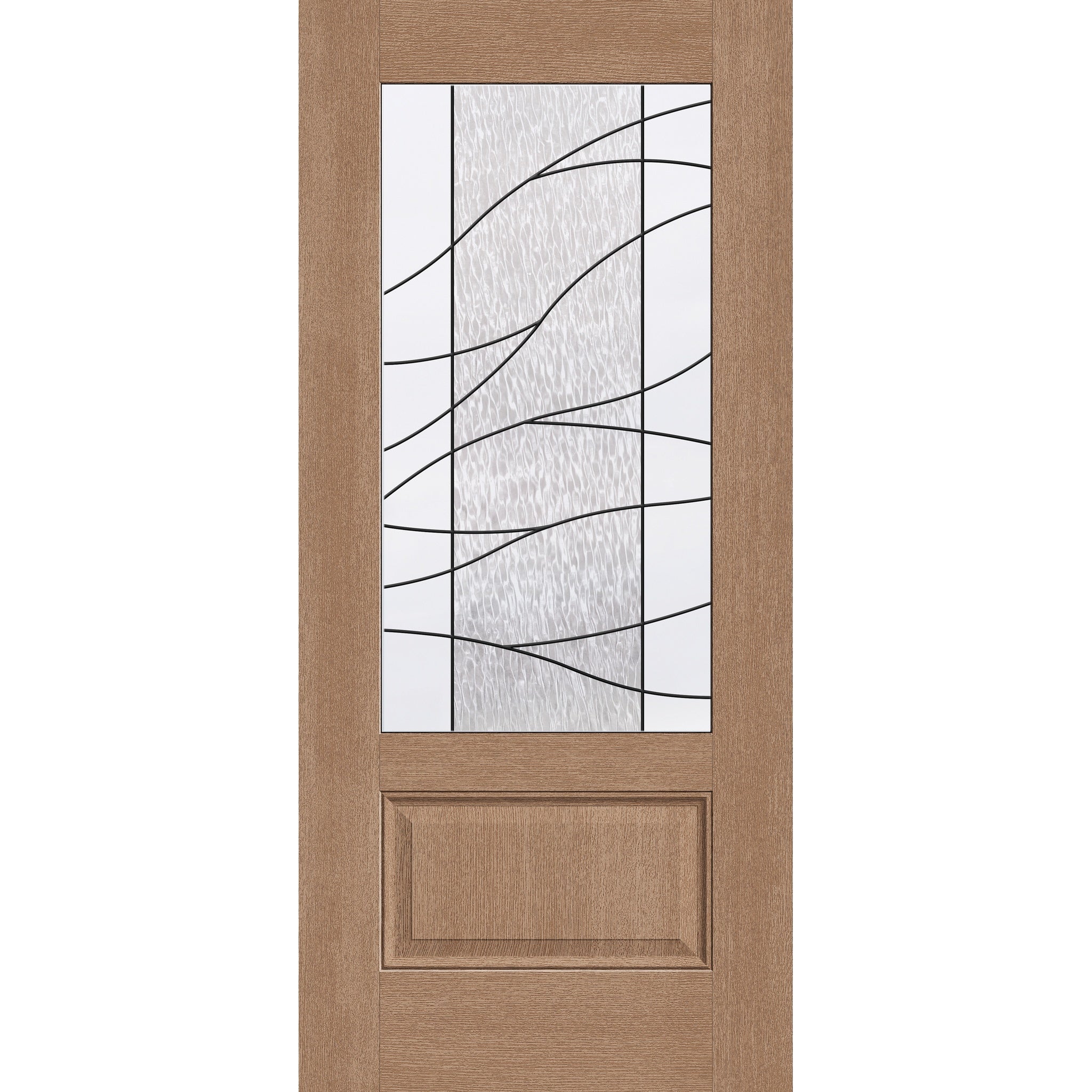Briselle flush glazed fiberglass entry door, 3/4 lite, 36" x 80", tan woodgrain finish, Patina caming