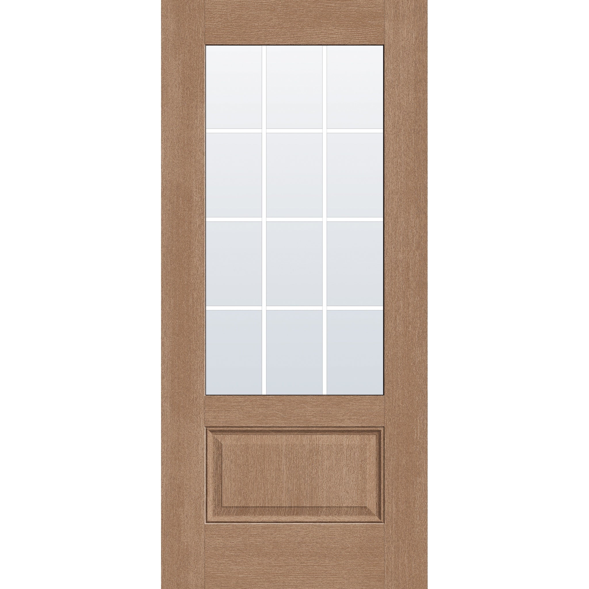 12 light grille flush glazed fiberglass entry door, 3/4 lite, 36" x 80", tan woodgrain finish, white grilles between glass