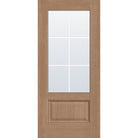 6 light grille flush glazed fiberglass entry door, 3/4 lite, 36" x 80", tan woodgrain finish, black grilles between glass