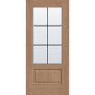 6 light grille flush glazed fiberglass entry door, 3/4 lite, 36" x 80", tan woodgrain finish, black grilles between glass