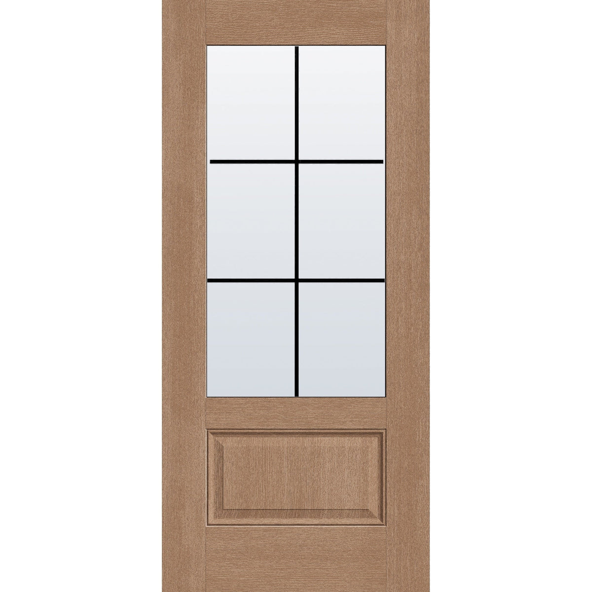 6 light grille flush glazed fiberglass entry door, 3/4 lite, 36" x 80", tan woodgrain finish, black grilles between glass