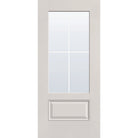 4 light grille flush glazed fiberglass entry door, 3/4 lite, 36" x 80", white satin smooth finish, white grilles between glass