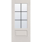 6 light grille flush glazed fiberglass entry door, 3/4 lite, 36" x 80", white satin smooth finish, black grilles between glass