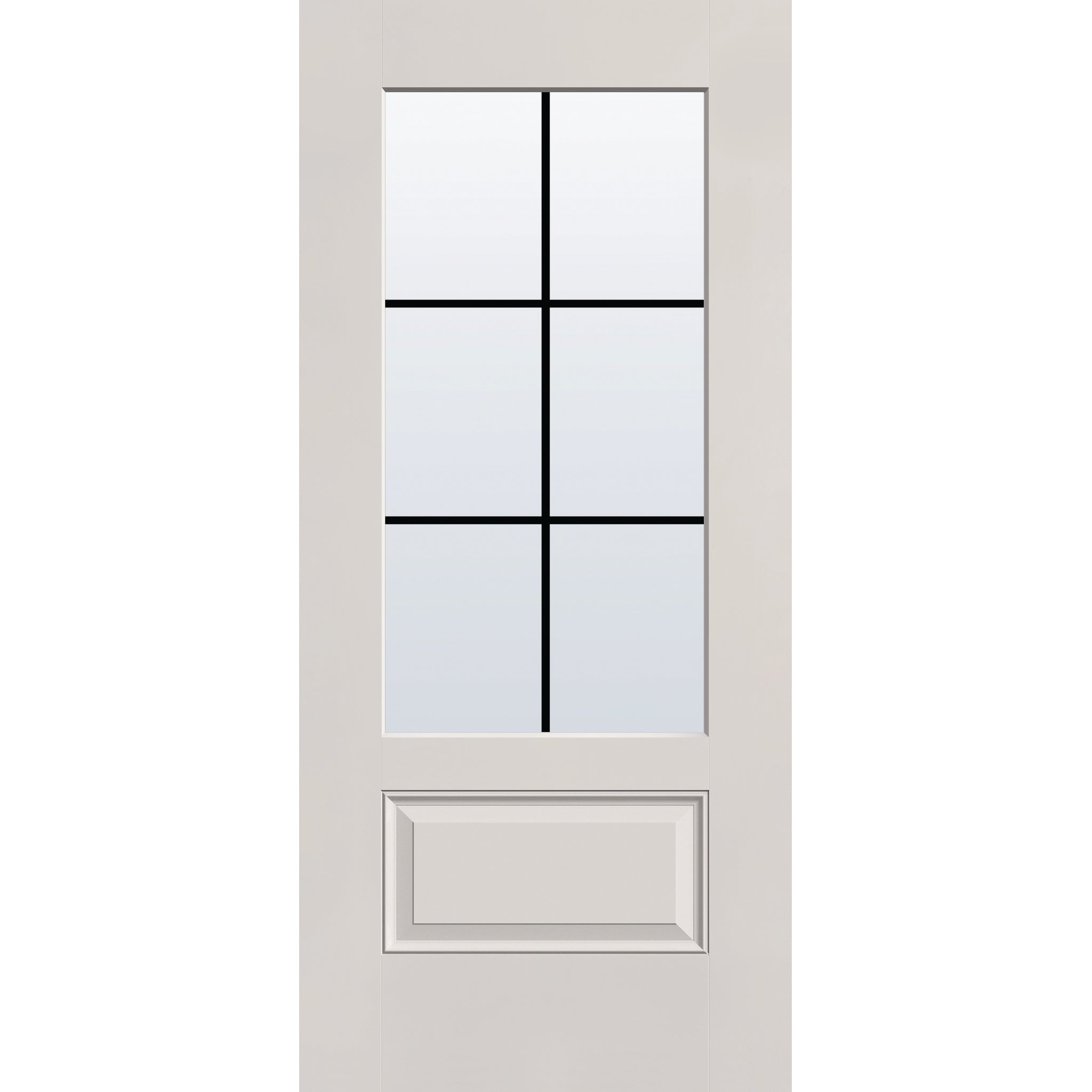 6 light grille flush glazed fiberglass entry door, 3/4 lite, 36" x 80", white satin smooth finish, black grilles between glass