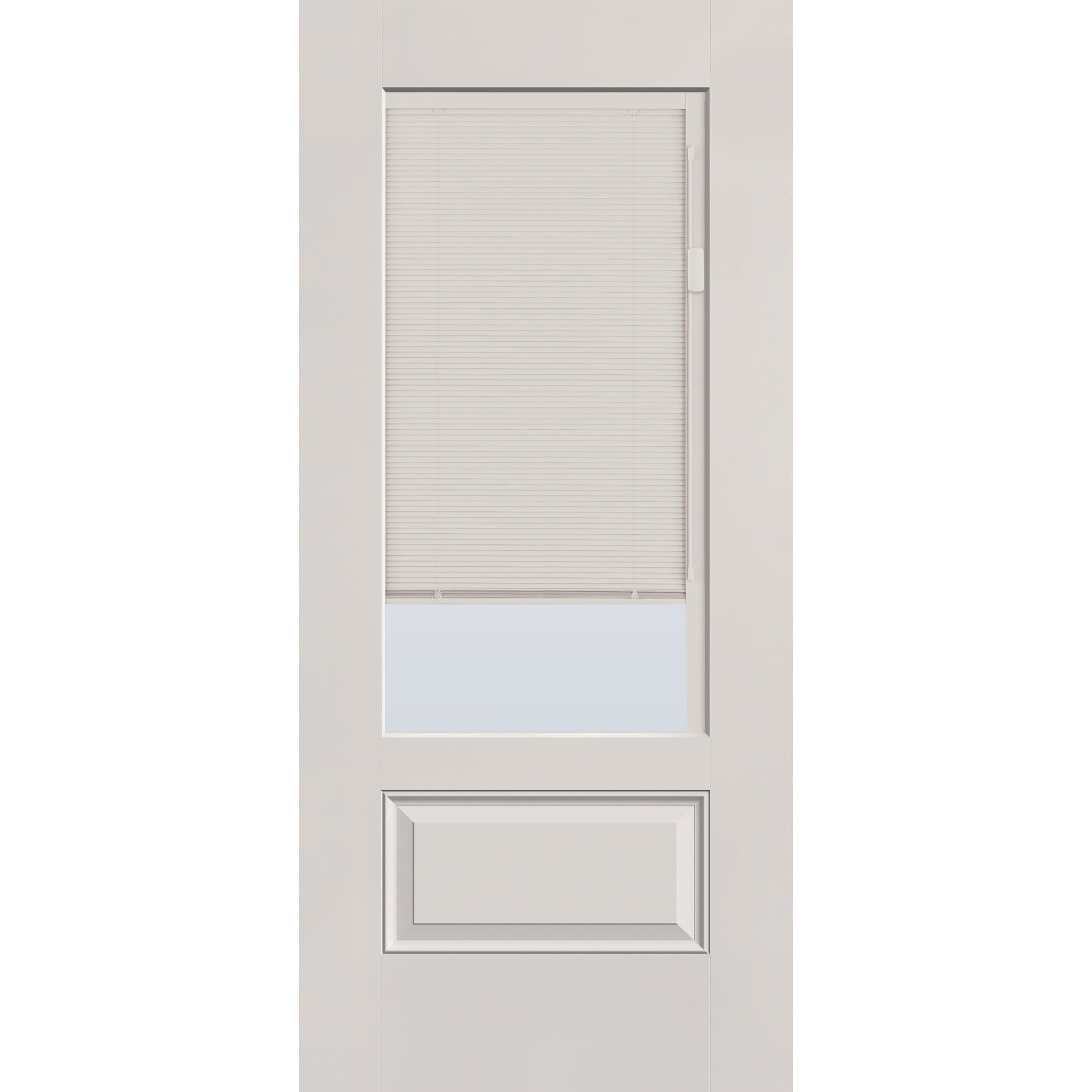 Raise & Lower Blinds flush glazed fiberglass entry door, 3/4 lite, 36" x 80", white satin smooth finish, white blinds