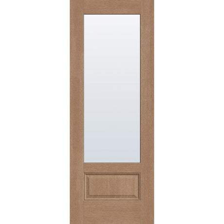 Clear flush glazed hurricane-rated fiberglass entry door, 3/4 lite, 36" x 96", tan woodgrain finish